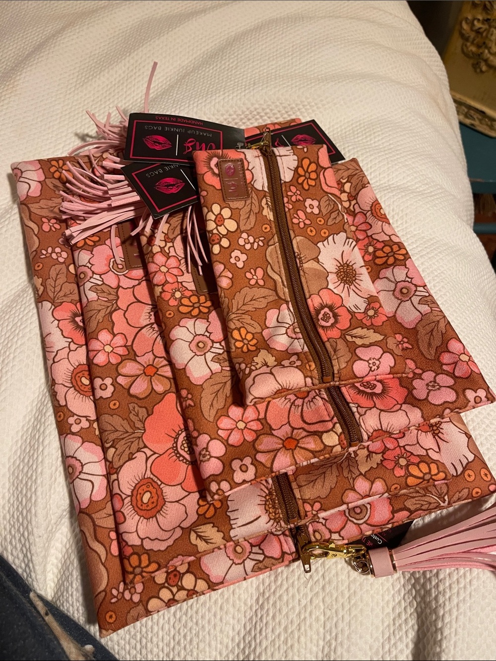 Floral Pink & Brown Zipper Cosmetic Pouch Set